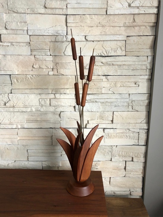 Mid Century Modern Other - Stunning Rare Mid Century Modern Teak and Brass Cattail Sculpture